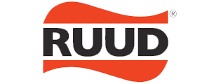 RUUD logo with bold black letters on a white background and a red wavy banner behind the text.